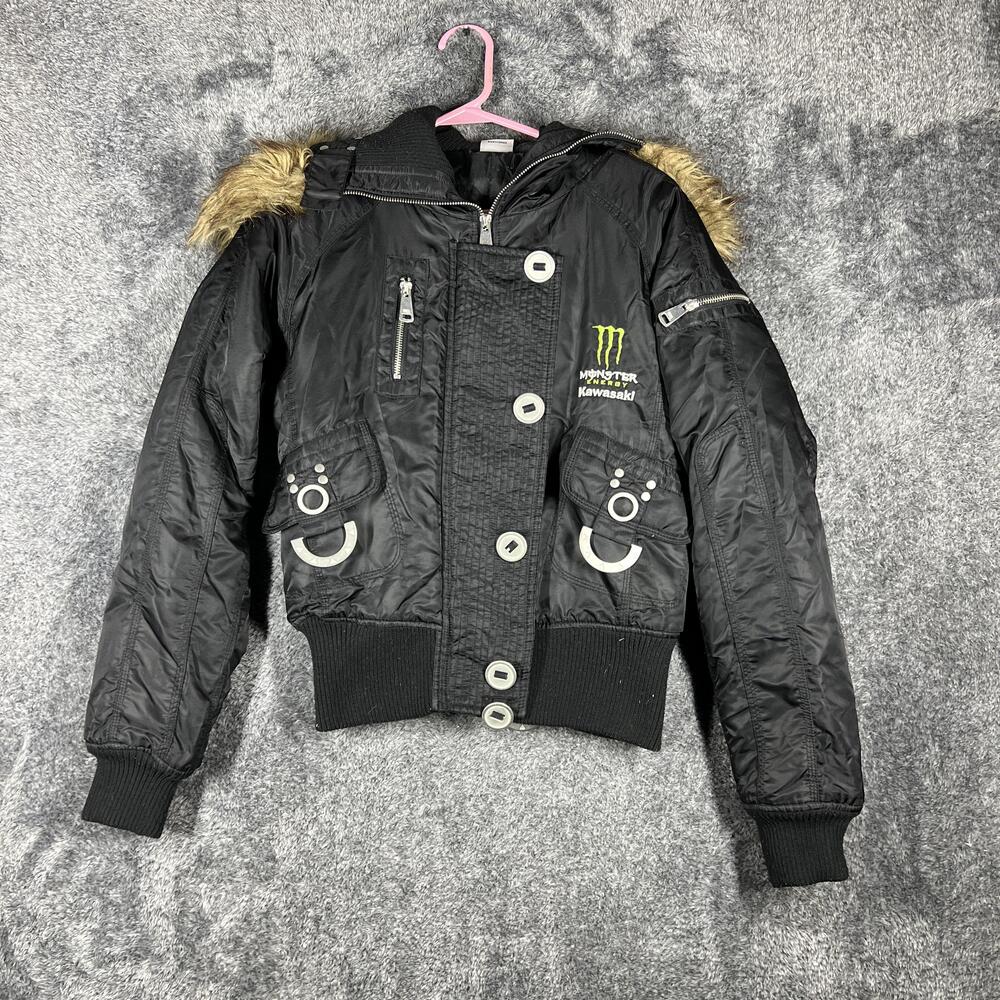 Kawasaki Jacket Womens S Black Bomber Hooded Padded Fur Trim Monster Energy